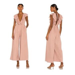 Free People Marta Linen Blend Wide Leg Ruffle Jumpsuit Clove Bark Size 4